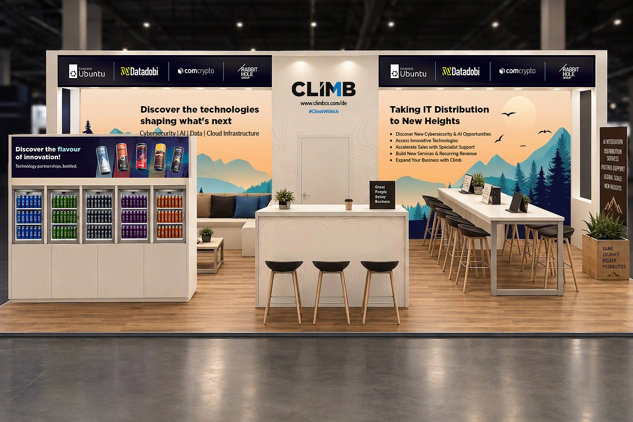 Entwurf des Climb-Gemeinschaftsstands auf der it-sa 2026 mit den Logos von Canonical Ubuntu, Datadobi, ComCrypto und Rabbit Hole Group